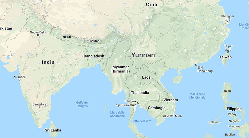 Cartina geografica che indica la posizione dello Yunnan dove nacque il tè